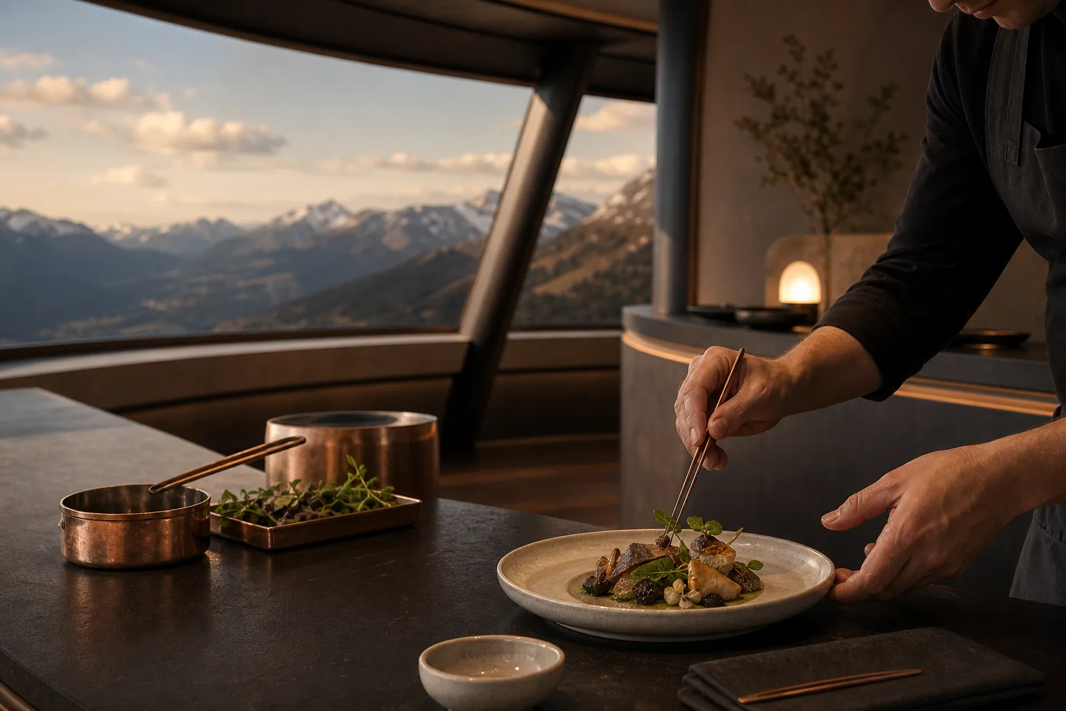 Un chef termina un plato inspirado en Patagonia ante las ventanas de ALISIO