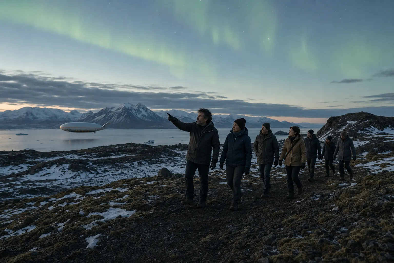 Un grupo camina por una costa boreal mientras un guía interpreta la aurora