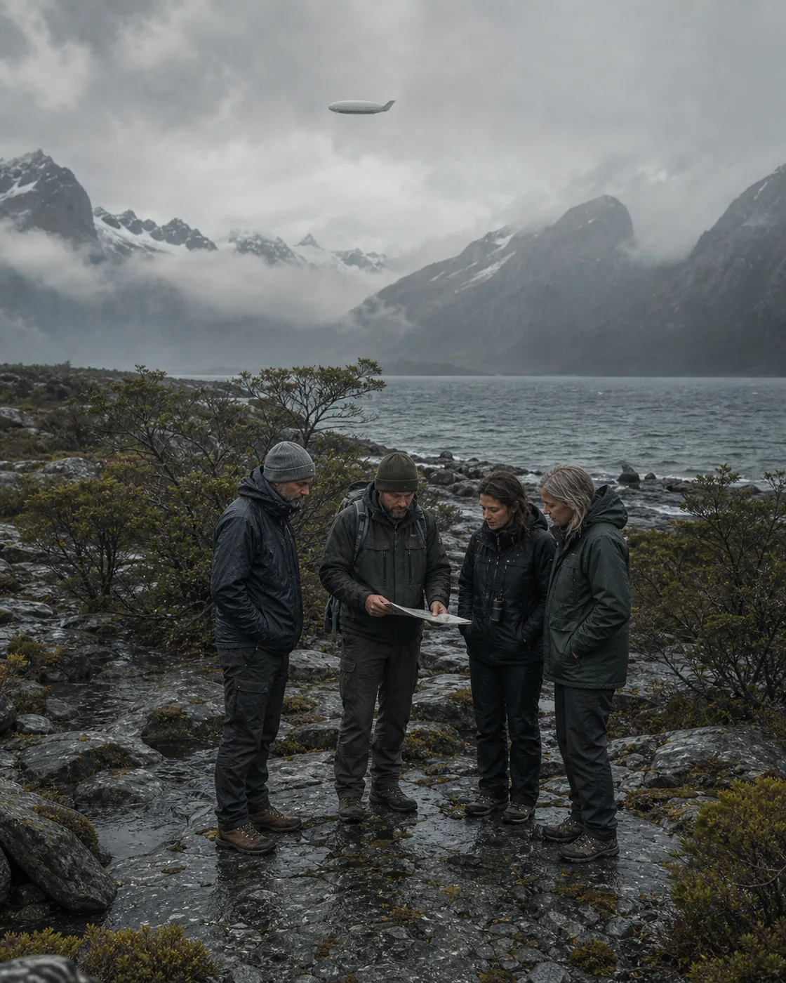 Un guía y cuatro huéspedes leen el territorio en una costa rocosa de Patagonia, con ALISIO al fondo