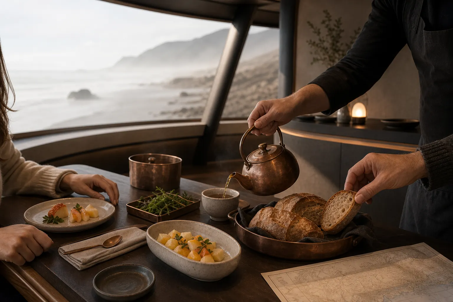 Desayuno servido a bordo de ALISIO frente a la costa de Namibia